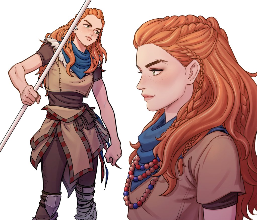 1girl aloy_(horizon) blue_scarf braid clenched_hand commentary_request earpiece fingernails forehead freckles green_eyes holding holding_spear holding_weapon horizon_zero_dawn jewelry jyolin_manula korean_commentary lips long_hair mismatched_eyebrows multiple_braids multiple_views neckerchief necklace nose pearl_necklace polearm pouch scar scar_through_eyebrow scarf spear thick_eyebrows tribal weapon white_background