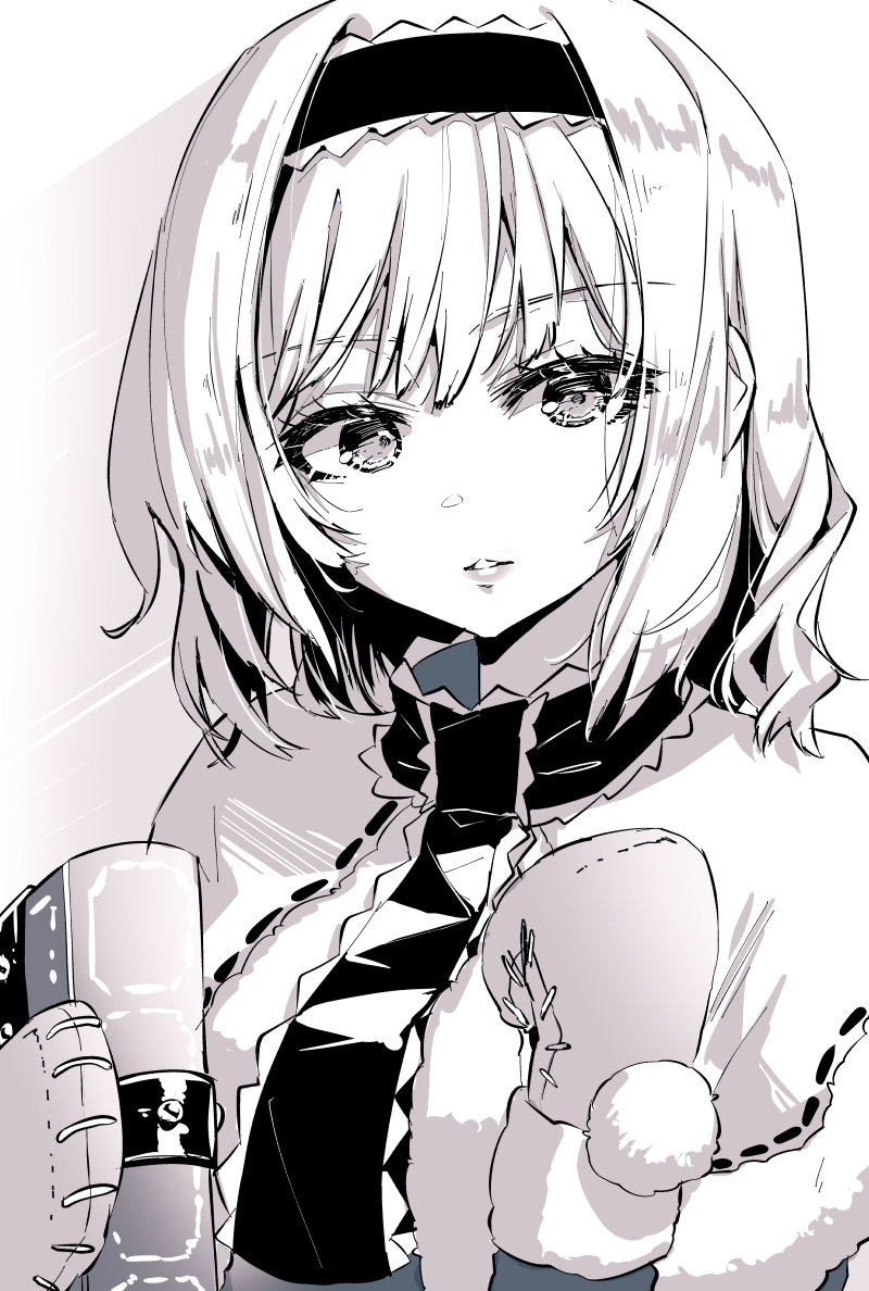 1girl alice_margatroid book expressionless greyscale grimoire_of_alice holding holding_book looking_at_viewer medium_hair monochrome parted_lips simple_background solo syuri22 touhou upper_body white_background