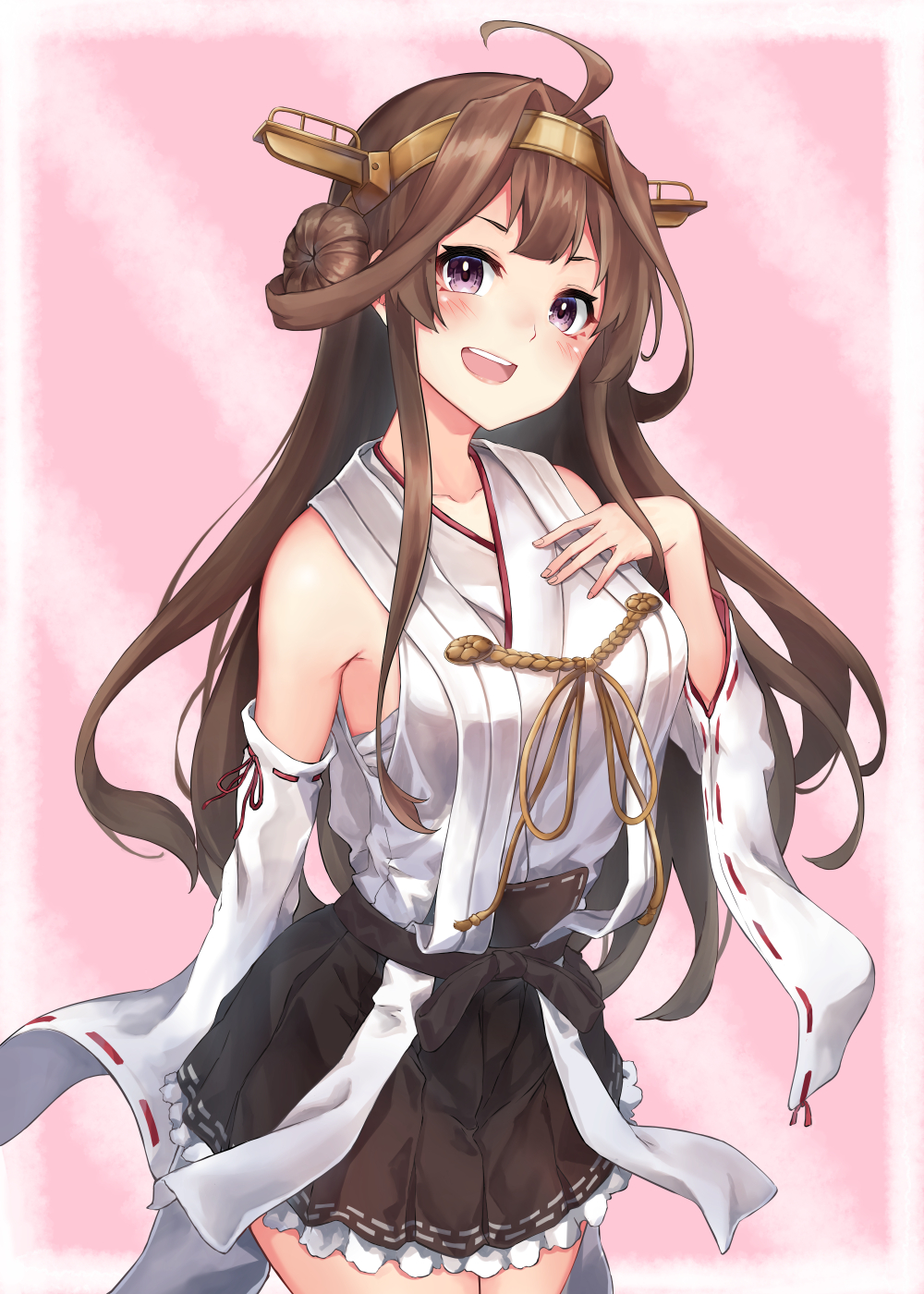1girl ahoge bare_shoulders black_skirt blush brown_hair collarbone cowboy_shot detached_sleeves double_bun hair_between_eyes hairband headgear highres japanese_clothes kamidanomi kantai_collection kongou_(kancolle) long_hair nontraditional_miko open_mouth pleated_skirt remodel_(kantai_collection) ribbon-trimmed_sleeves ribbon_trim skirt smile solo upper_teeth violet_eyes wide_sleeves