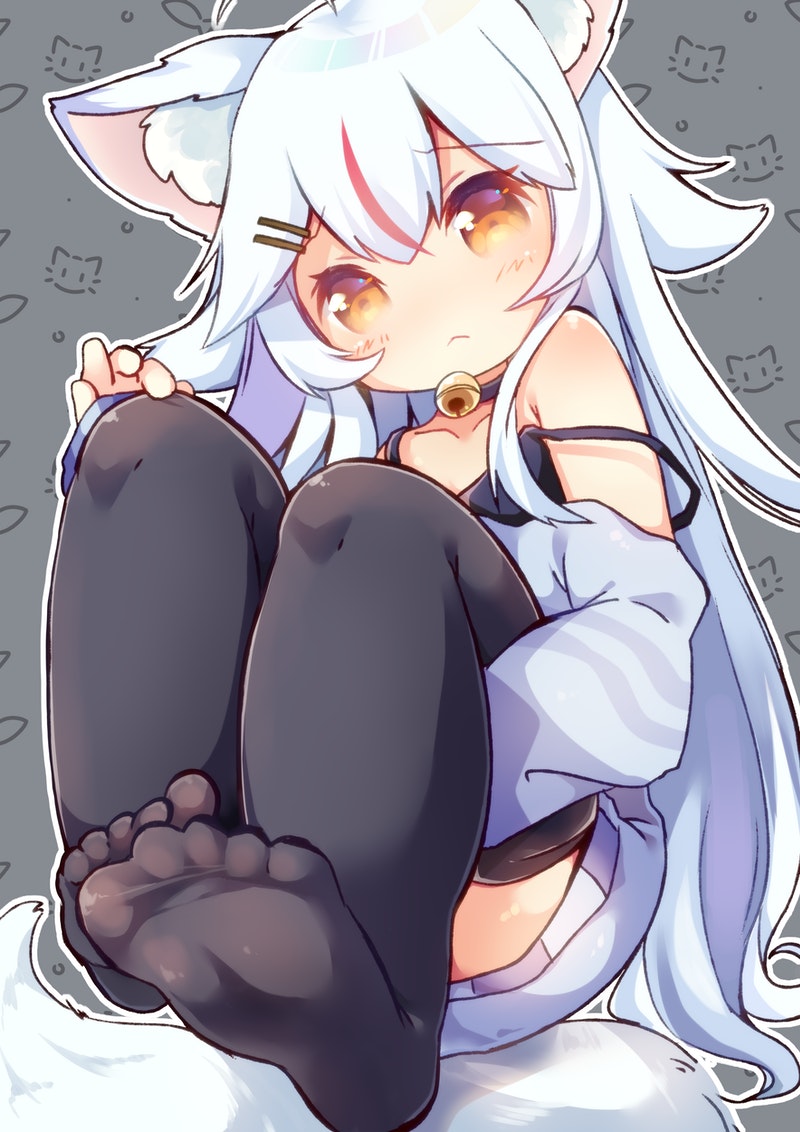 1girl animal_ears arm_around_leg bell black_legwear camisole choker commission feet fox_ears fox_tail frown highlights jingle_bell kamiko_kana long_hair long_sleeves matatabi_(nigatsu) multicolored_hair off_shoulder orange_eyes redhead skeb_commission strap_slip sweater tail tsunderia very_long_hair virtual_youtuber