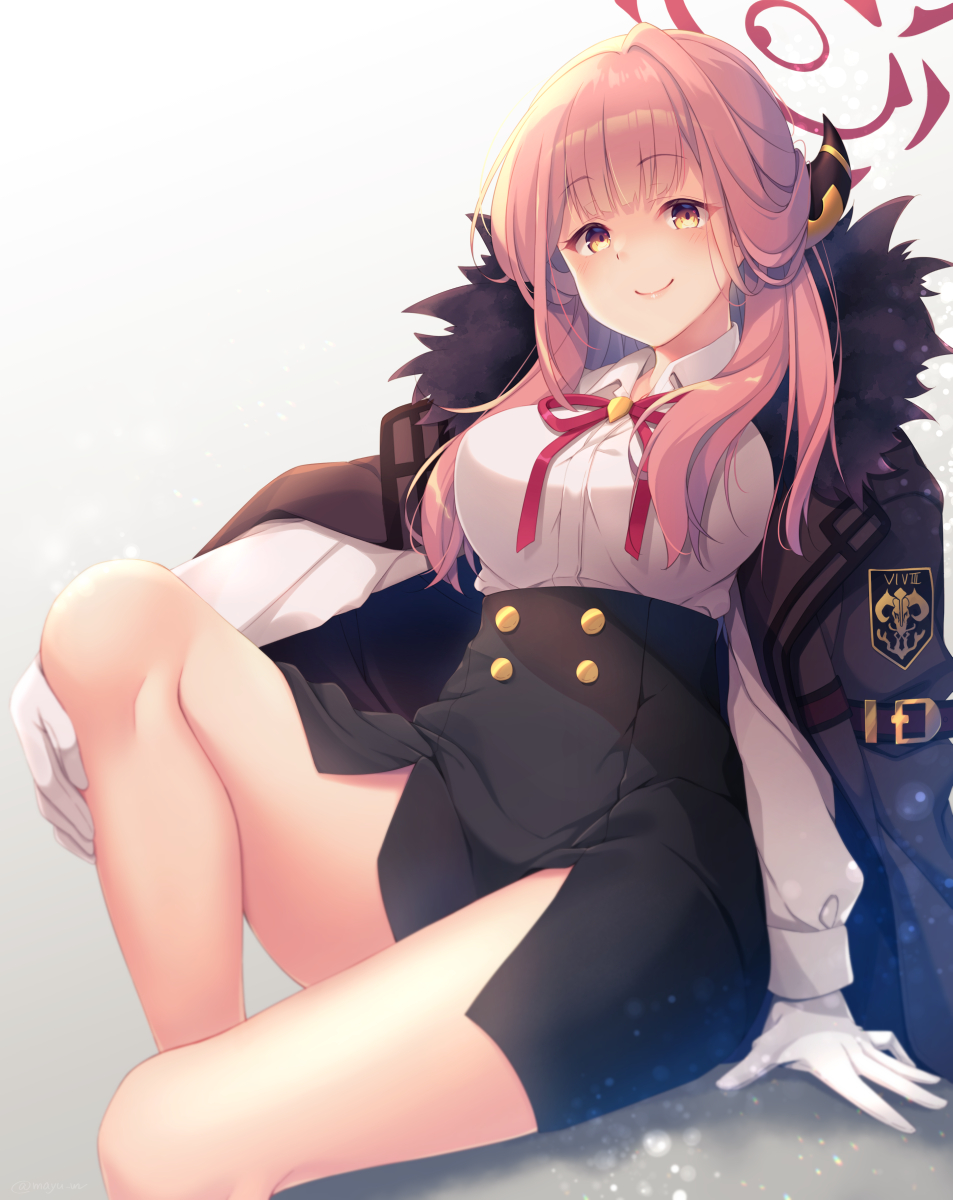 1girl aru_(blue_archive) black_jacket black_skirt blue_archive blush breasts brown_eyes closed_mouth collared_shirt commentary_request curled_horns dress_shirt feet_out_of_frame fur-trimmed_jacket fur_trim gloves high-waist_skirt highres horns jacket jacket_on_shoulders knee_up long_hair long_sleeves looking_at_viewer medium_breasts mizukoshi_mayu neck_ribbon pink_hair red_ribbon ribbon shirt sitting skirt smile solo white_gloves white_shirt