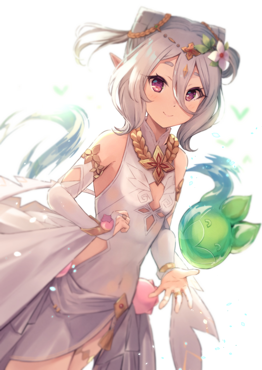 1girl breasts bridal_gauntlets closed_mouth covered_navel cowengium dress flower hair_between_eyes hair_flower hair_ornament highres kokkoro_(princess_connect!) looking_at_viewer pink_eyes pointy_ears princess_connect! princess_connect!_re:dive silver_hair simple_background small_breasts smile solo white_background white_dress