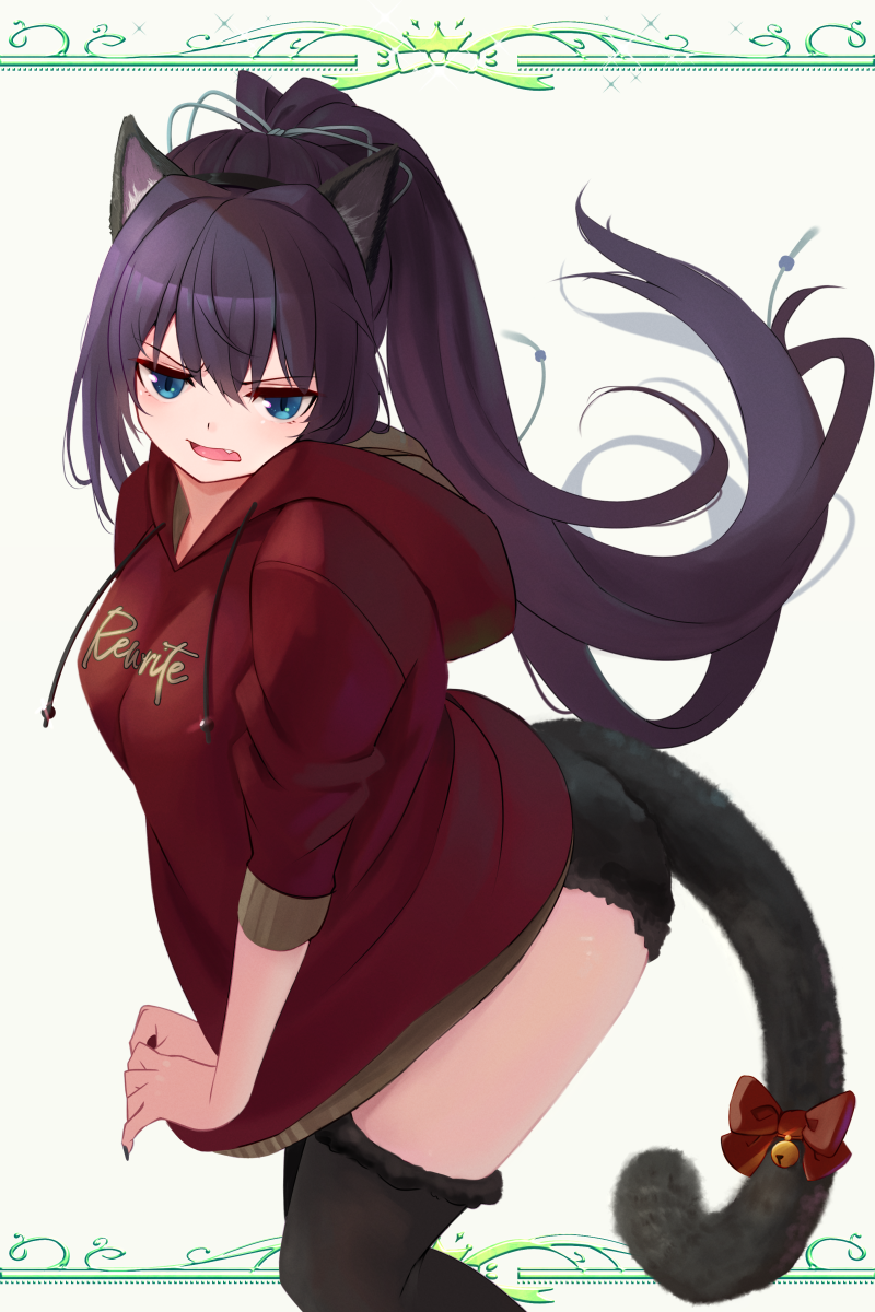 1girl animal_ears bangs black_legwear black_nails blue_eyes cat_ears cat_tail clothes_writing eyebrows_visible_through_hair fang highres hood hoodie konohana_lucia long_hair long_ponytail looking_at_viewer nail_polish open_mouth ponytail purple_hair rewrite ribbon simple_background solo tagame_(tagamecat) tail thigh-highs white_background