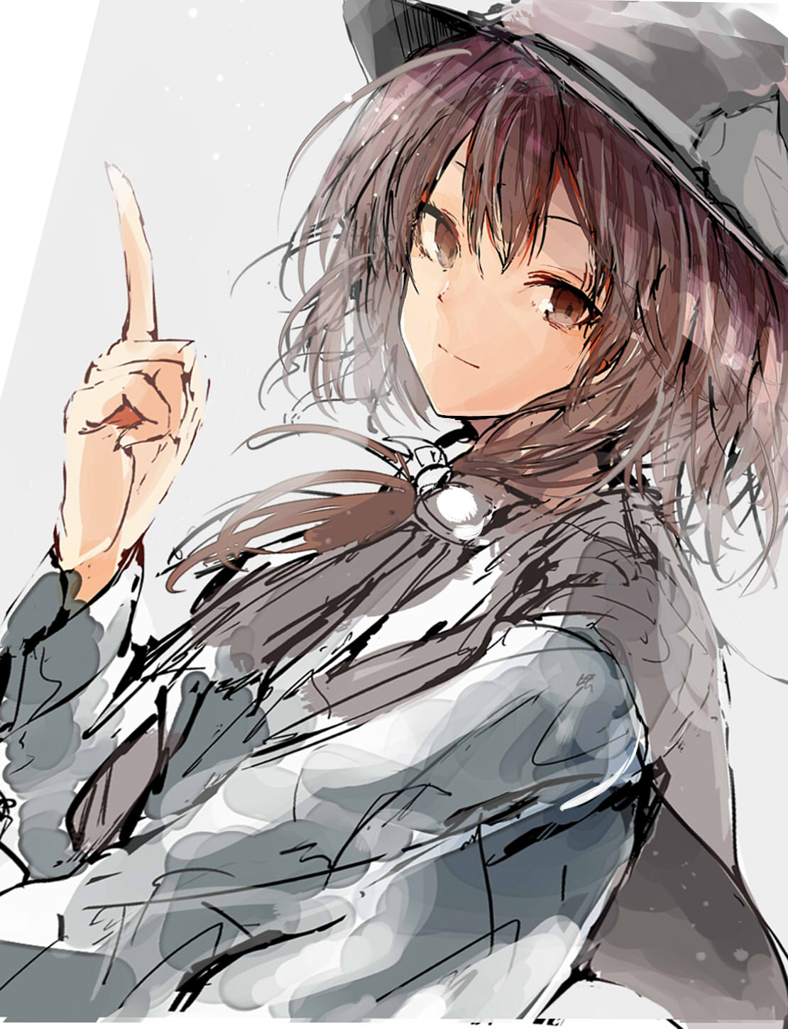 1girl black_headwear bow brown_eyes brown_hair commentary_request grey_background hair_bow hand_up hat highres index_finger_raised krs_(kqrqsi) long_hair long_sleeves looking_at_viewer shirt side_ponytail solo touhou upper_body usami_renko white_bow white_shirt