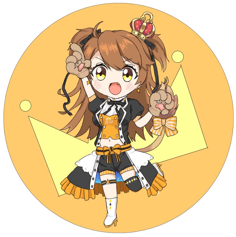 1girl animal_ears artist_request chibi crown earrings hair_through_headwear jewelry leo lion_tail orange_shorts paw_print_pattern re:act ribbon shishigami_leona shorts star_(symbol) star_earrings tail tail_ornament tail_ribbon two_side_up virtual_youtuber