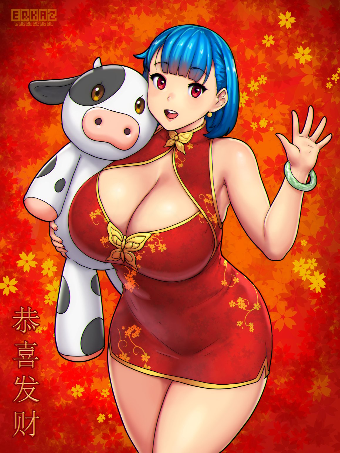 1girl 2021 :d blue_hair bracelet breasts brown_eyes china_dress chinese_clothes chinese_new_year chinese_zodiac cow curvy dress erkaz eyebrows eyebrows_visible_through_hair green_bracelet highres horns huge_breasts jewelry new_year open_mouth original red_eyes rina_atherina smile stuffed_animal stuffed_toy thighs toy year_of_the_ox