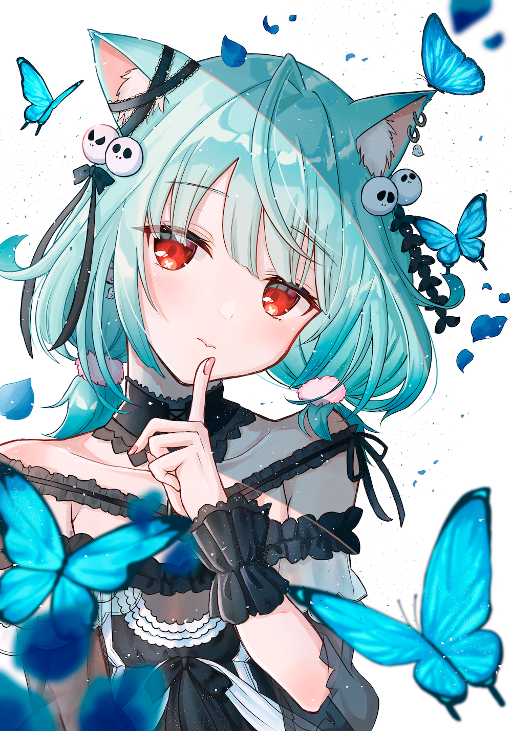 1girl ahoge animal_ears bangs black_choker black_dress bug butterfly cat_ears choker closed_mouth detached_collar dress ear_piercing ear_ribbon finger_to_mouth flat_chest frilled_dress frilled_straps frills gothic_lolita green_hair hair_ornament highres hololive insect lace lace_choker light_blush lolita_fashion looking_at_viewer low_twintails minausa nail_polish off-shoulder_dress off_shoulder petals piercing pink_nails pom_pom_(clothes) see-through_sleeves short_hair short_sleeves short_twintails simple_background skull_hair_ornament solo twintails upper_body uruha_rushia virtual_youtuber white_background wristband