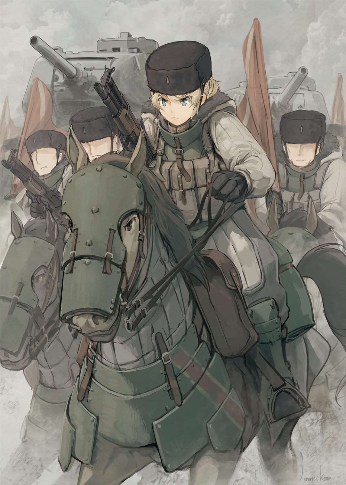 1girl 3boys ammunition_pouch armor asterisk_kome black_gloves blonde_hair blue_eyes boots bullpup cavalry closed_mouth frown fur_hat gloves ground_vehicle gun hat highres holding holding_gun holding_weapon horse horseback_riding long_sleeves military military_hat military_jacket military_uniform military_vehicle motor_vehicle multiple_boys original pouch riding tank uniform ushanka v-shaped_eyebrows weapon