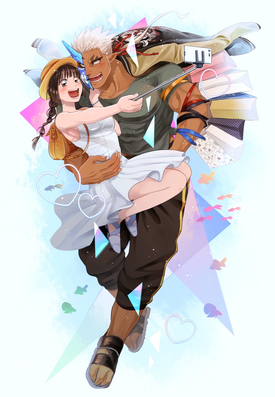 1girl black_shirt blush brown_hair carrying couple dark_skin dark_skinned_male dress full_body half_mask hat hetero highres horned_mask jacket jacket_on_shoulders long_hair master_2_(tokyo_houkago_summoners) muscular muscular_male no_pupils pectorals princess_carry shirt short_hair shuten_douji_(tokyo_houkago_summoners) straw_hat sumi_wo_hakuneko tokyo_houkago_summoners white_dress white_hair