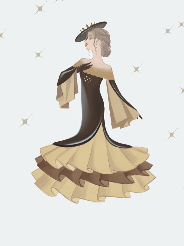 1girl brown_dress brown_hair closed_eyes dress full_body hand_up mu_mashu off-shoulder_dress off_shoulder open_mouth original profile simple_background smile solo standing white_background