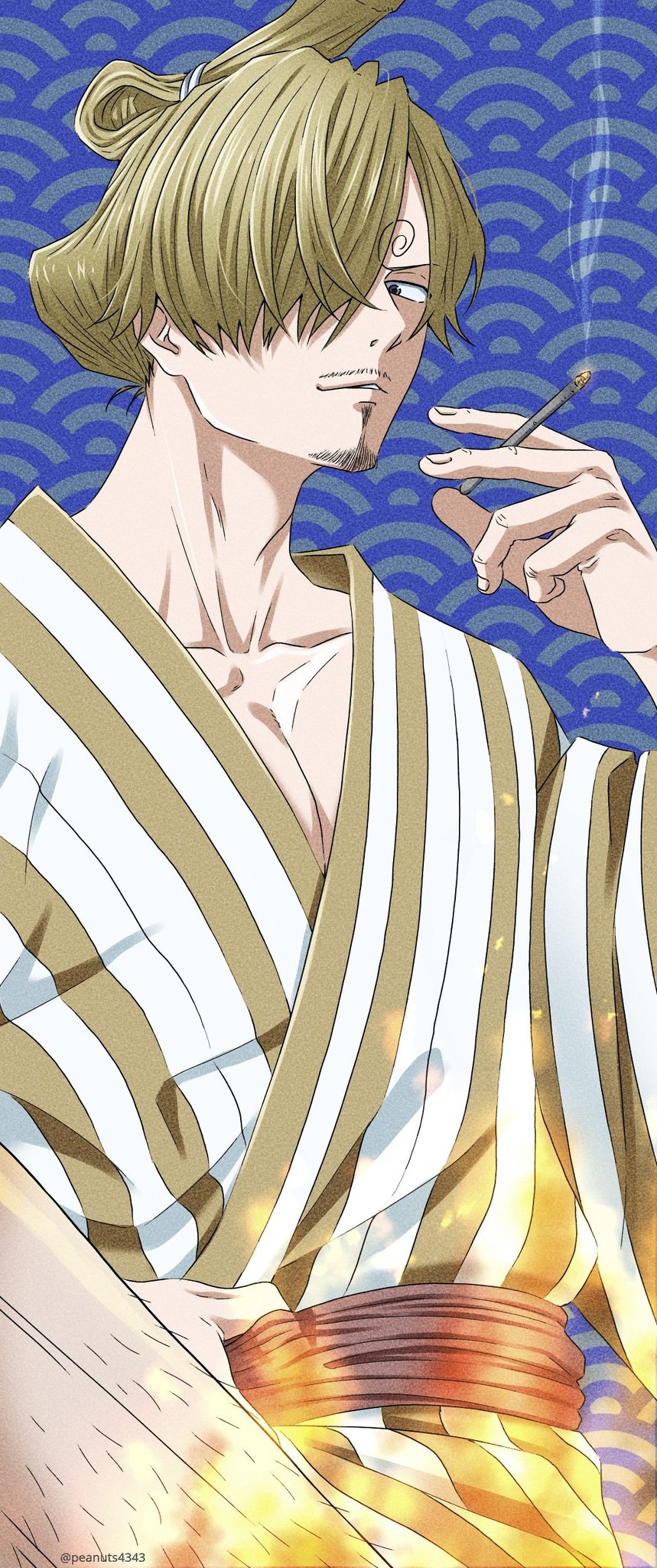 1boy alternate_hairstyle bangs blonde_hair blue_eyes cigarette collarbone facial_hair goatee highres holding holding_cigarette japanese_clothes kimono leg_hair male_cleavage male_focus official_alternate_costume one_piece pectorals pinattsu sanji short_hair smoking solo striped striped_kimono stubble swept_bangs toned toned_male yellow_kimono