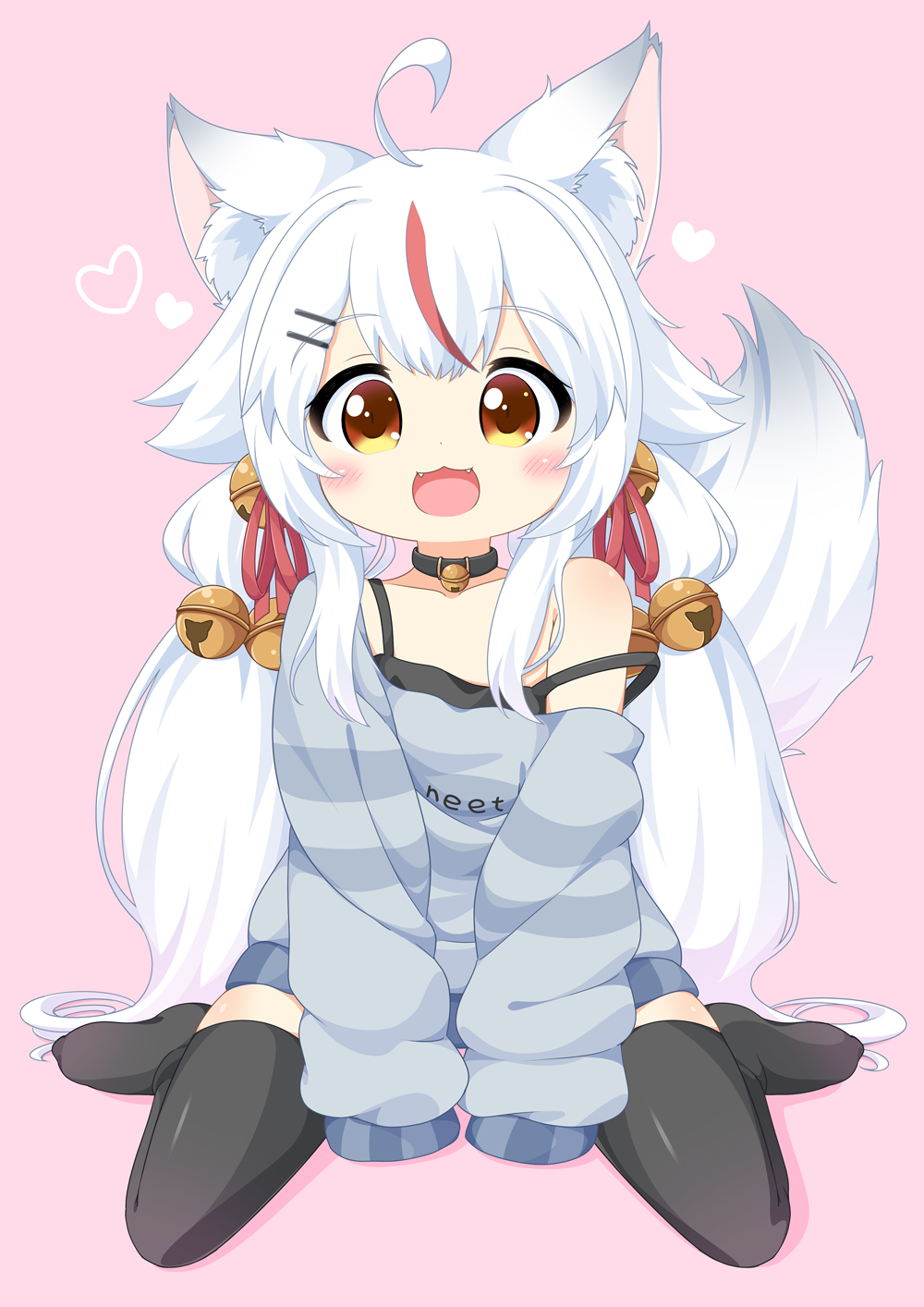 1girl :3 :d animal_ears bell between_legs black_legwear camisole commission fangs fox_ears fox_tail full_body hair_bell hair_ornament hand_between_legs heart highlights highres jingle_bell kamiko_kana long_hair multicolored_hair off_shoulder open_mouth oversized_clothes pila-pela pink_background redhead sitting skeb_commission sleeves_past_fingers sleeves_past_wrists smile strap_slip sweater tail thigh-highs tsunderia very_long_hair virtual_youtuber wariza white_hair yellow_eyes zettai_ryouiki