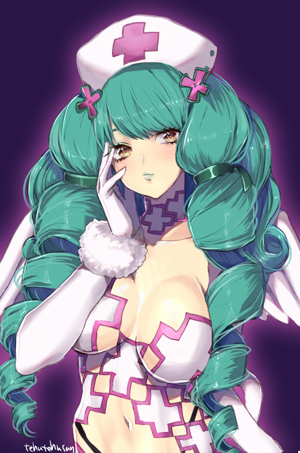 1girl breasts closed_mouth drill_hair elbow_gloves fiore_brunelli gloves green_hair hat highres large_breasts lipstick long_hair looking_at_viewer makeup murata_tefu revealing_clothes simple_background smile solo star_ocean star_ocean_anamnesis star_ocean_integrity_and_faithlessness yellow_eyes