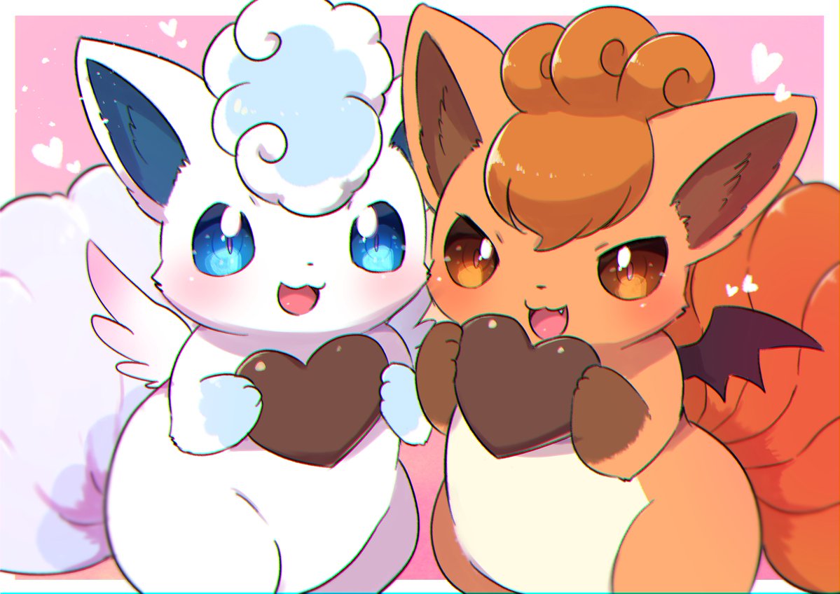 alolan_form alolan_vulpix blue_eyes blush border brown_eyes fang gen_1_pokemon gen_7_pokemon heart holding kemoribon looking_at_viewer no_humans open_mouth outside_border pokemon pokemon_(creature) symbol_commentary tongue vulpix white_border wings