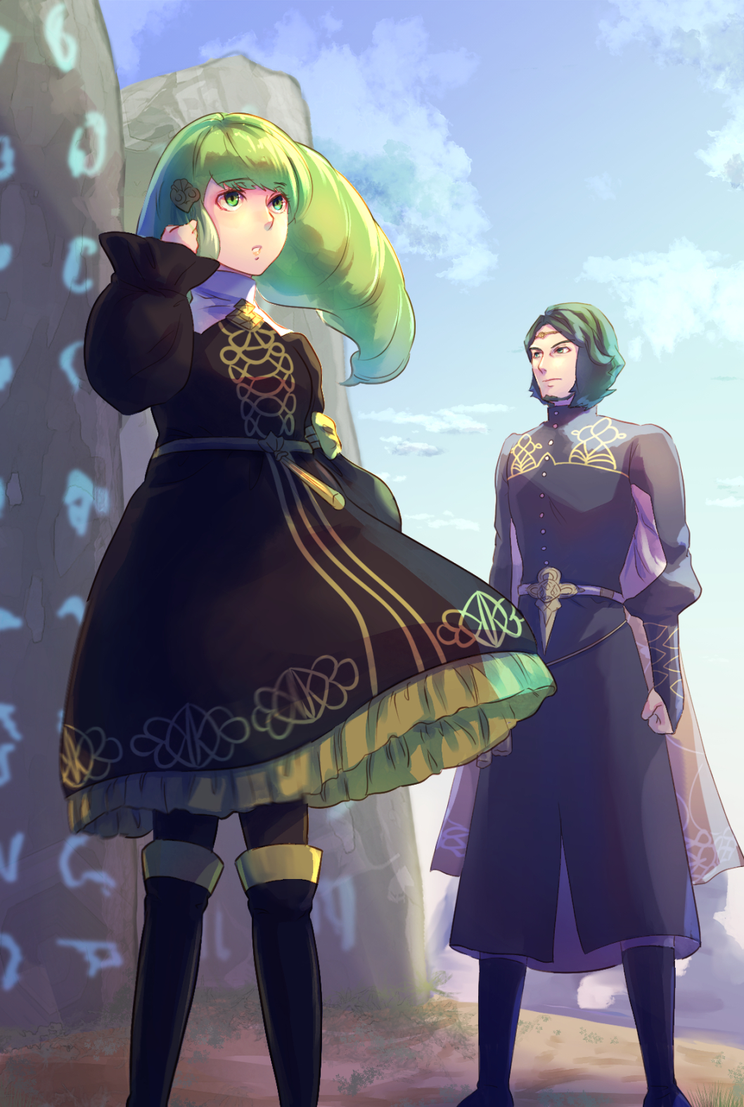 1boy 1girl blue_sky brother_and_sister closed_mouth clouds day fire_emblem fire_emblem:_three_houses flayn_(fire_emblem) garreg_mach_monastery_uniform green_eyes green_hair hair_ornament highres long_hair long_sleeves outdoors riou_(pooh920) seteth_(fire_emblem) short_hair siblings sky uniform