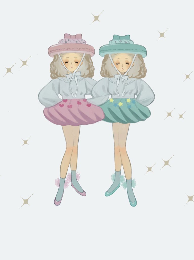 2girls aqua_footwear aqua_headwear blush brown_hair closed_eyes grey_legwear hat long_sleeves medium_hair mu_mashu multiple_girls original personification pink_footwear pink_headwear shirt shoes smile socks white_shirt