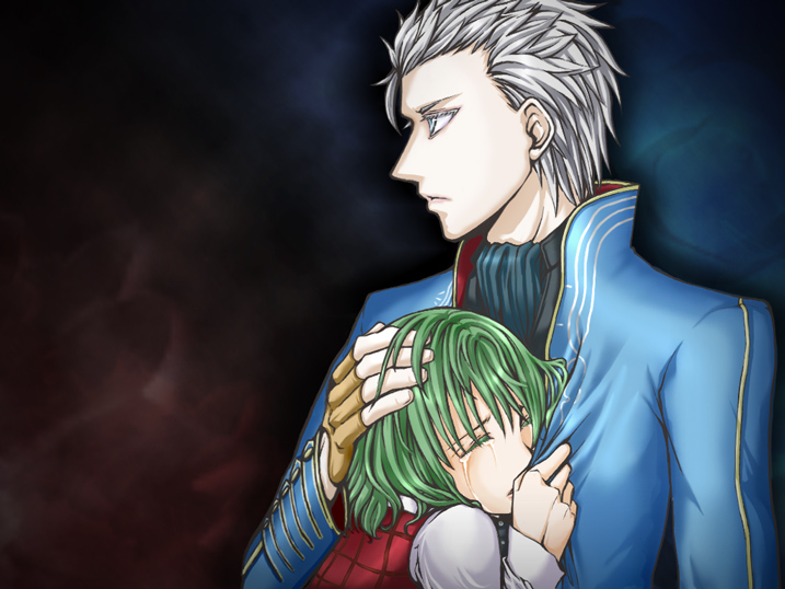 artist_request blue_coat blue_eyes coat comforting crossover crying devil_may_cry fingerless_gloves gloves green_hair hand_on_another's_head kazami_yuuka m.u.g.e.n plaid plaid_vest shirt tears touhou vergil vest white_hair white_shirt