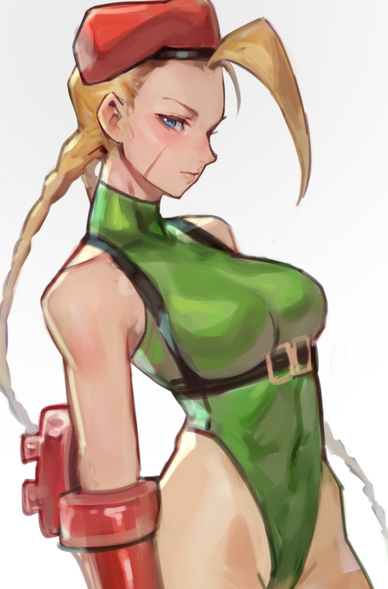 1girl antenna_hair bare_shoulders beret blonde_hair blue_eyes braid breasts cammy_white closed_mouth covered_navel garrison_cap gloves green_leotard harness hat highres leotard long_hair looking_at_viewer medium_breasts red_gloves red_headwear scar scar_on_cheek scar_on_face simple_background solo standing street_fighter street_fighter_v thighs thong_leotard twin_braids uncle_rabbit_ii very_long_hair white_background