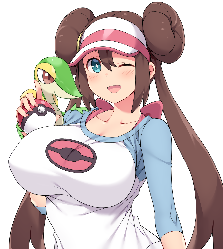 1girl ;d amane_hasuhito bangs blue_eyes blue_sleeves blush bow breasts brown_hair collarbone commentary_request covered_nipples double_bun gen_5_pokemon hair_between_eyes hat holding holding_poke_ball large_breasts long_hair looking_at_viewer one_eye_closed open_mouth pink_bow poke_ball poke_ball_(basic) poke_ball_print pokemon pokemon_(creature) pokemon_(game) pokemon_bw2 raglan_sleeves rosa_(pokemon) shirt sidelocks simple_background smile snivy solo_focus standing starter_pokemon taut_clothes taut_shirt twintails upper_body very_long_hair visor_cap white_background white_shirt