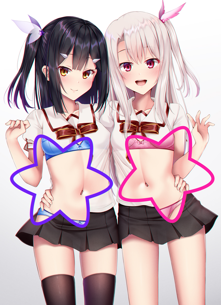 2girls :d bangs black_hair black_legwear black_skirt blue_bra blue_panties blush bow bow_bra bow_panties bra breasts brown_eyes collarbone cowboy_shot eyebrows_visible_through_hair fate/kaleid_liner_prisma_illya fate_(series) hair_ornament hairclip hand_on_another's_hip hand_up highres homurahara_academy_uniform illyasviel_von_einzbern long_hair looking_at_viewer medium_breasts miniskirt miyu_edelfelt multiple_girls one_side_up open_mouth panties pink_bra pink_panties pleated_skirt puririn red_eyes red_ribbon ribbon school_uniform shirt short_sleeves side-by-side sidelocks simple_background skirt small_breasts smile star_(symbol) striped thigh-highs underwear upper_teeth white_shirt zettai_ryouiki