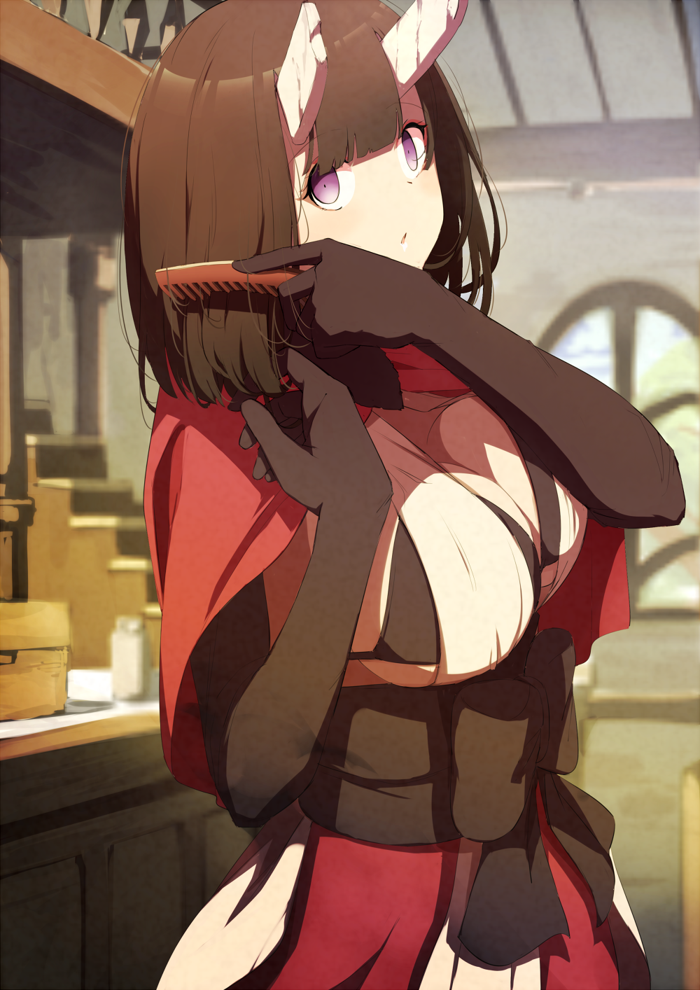 1girl bangs bikini bikini_top black_bikini black_gloves black_ribbon blunt_bangs blurry blurry_background breasts broken_horn brown_hair capelet comb commentary elbow_gloves eriko_(princess_connect!) eyeliner gloves hair_brushing hands_up highres holding holding_comb horns indoors large_breasts looking_at_viewer makeup momiji_oroshi obi parted_lips princess_connect! princess_connect!_re:dive red_capelet ribbon sash shiny shiny_hair solo stairs swimsuit under_boob upper_body violet_eyes window