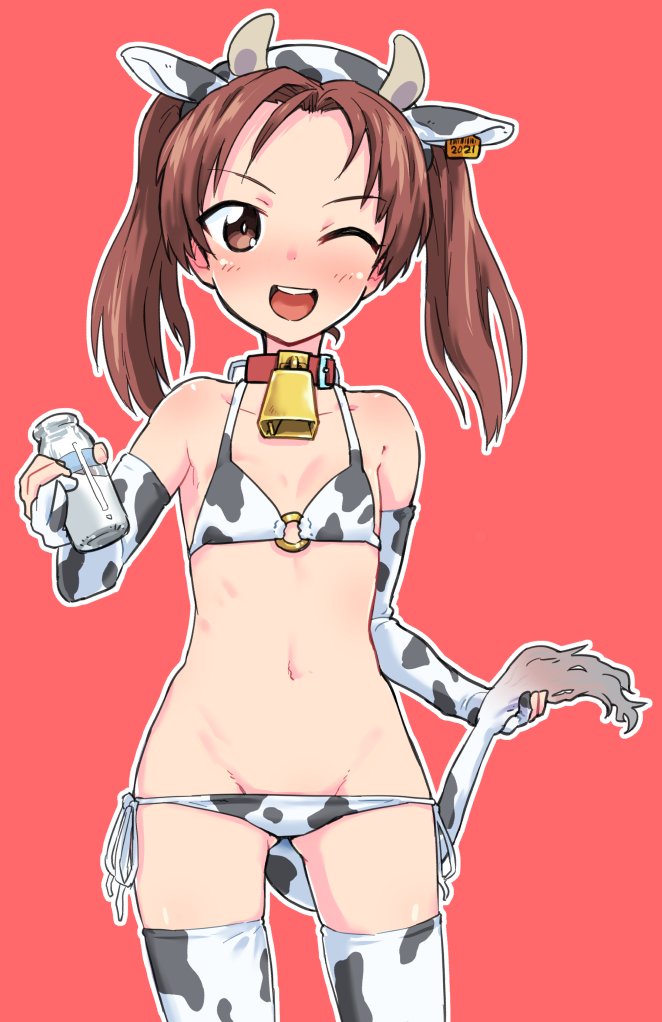 1girl 2021 ;d animal_ears animal_print bangs bikini blush bottle breasts brown_eyes brown_hair commentary_request cow_ears cow_horns cow_print cow_tail cowboy_shot dated ear_tag elbow_gloves fake_animal_ears fake_horns girls_und_panzer gloves groin half_gloves hand_on_hip holding holding_bottle holding_tail horns kadotani_anzu long_hair looking_at_viewer lowleg lowleg_bikini milk_bottle monolith_(suibou_souko) new_year o-ring o-ring_bikini one_eye_closed open_mouth parted_bangs print_bikini print_gloves print_legwear red_background side-tie_bikini simple_background small_breasts smile solo standing swimsuit tail thigh-highs twintails white_bikini white_gloves white_legwear