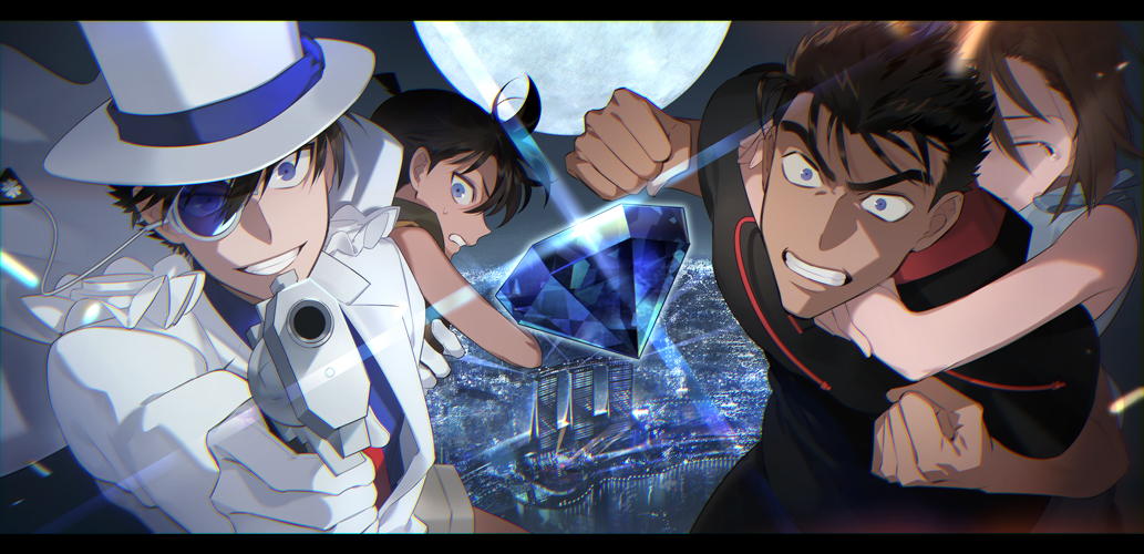1girl 3boys aiming_at_viewer arms_around_neck bangs black_shirt blue_eyes blue_shirt brown_hair cape carrying child cityscape clenched_hands clenched_teeth closed_eyes collared_shirt commentary_request crazy_grin dress_shirt edogawa_conan floating_cape formal full_moon gem glint gloves grin gun hair_between_eyes hand_up handgun hat holding holding_gun holding_weapon imminent_punch incoming_attack incoming_punch kaitou_kid kanamura_ren kyougoku_makoto looking_at_viewer magic_kaito meitantei_conan monocle monocle_chain moon multiple_boys necktie night night_sky no_eyewear outdoors piggyback red_neckwear sapphire_(gemstone) shirt short_hair sky sleeveless sleeveless_shirt smile suit suzuki_sonoko sweatdrop tearing_up teeth top_hat upper_body weapon white_cape white_gloves white_headwear white_suit