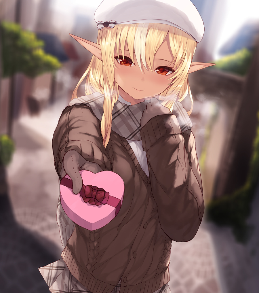 1girl backlighting beret blurry blurry_background blush box breath brown_cardigan cait_aron cardigan closed_mouth commentary_request cowboy_shot dark_elf dark_skin dark-skinned_female day depth_of_field elf grey_scarf grey_skirt hand_on_own_chest hat heart-shaped_box hololive looking_at_viewer outdoors outstretched_arm plaid plaid_scarf plaid_skirt pleated_skirt pointy_ears pov red_eyes scarf shiranui_flare skirt smile solo valentine virtual_youtuber white_headwear