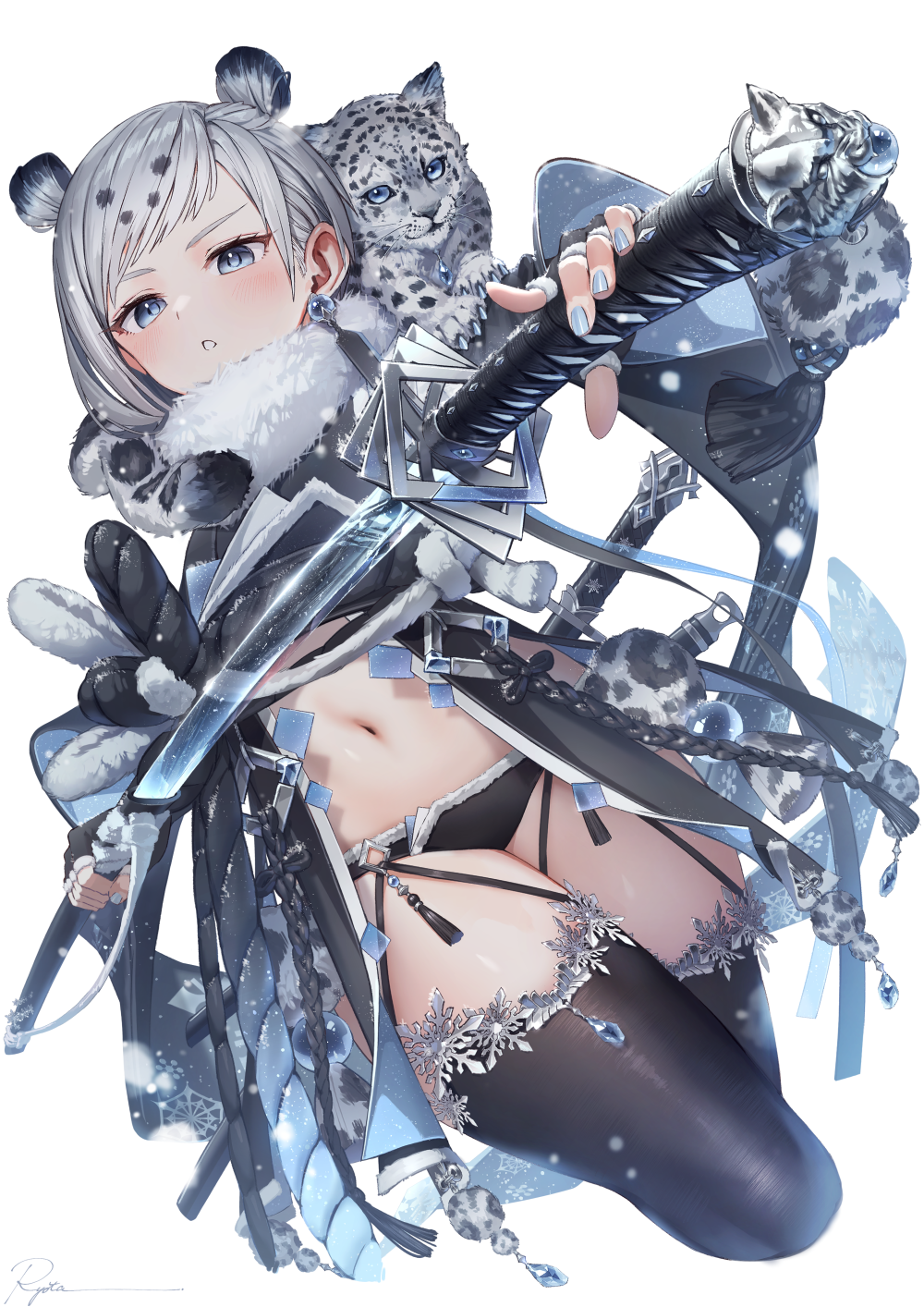 1girl bangs black_legwear black_panties blue_eyes blush coat crystal_sword double_bun drawing_sword earrings fur_collar garter_straps highres holding holding_sheath holding_sword holding_weapon jewelry katana nail_polish navel open_mouth original panties ryota_(ry_o_ta) scabbard sheath silver_hair snow_leopard snowflakes solo stomach swept_bangs sword thigh-highs thighs underwear unsheathing weapon wide_sleeves