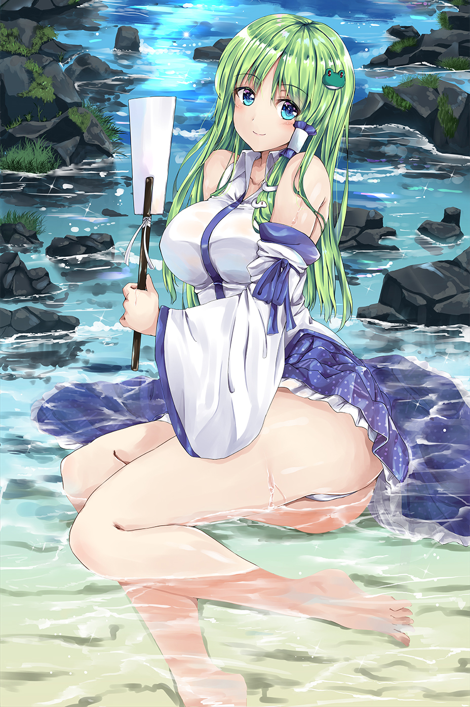 1girl bangs barefoot beach blue_eyes blue_skirt breasts closed_mouth collared_shirt detached_sleeves eyebrows_visible_through_hair frilled_skirt frills frog_hair_ornament fule full_body gohei green_hair hair_ornament hair_tubes highres holding kochiya_sanae large_breasts long_hair looking_at_viewer nontraditional_miko outdoors panties rock see-through shirt sitting skirt smile snake_hair_ornament solo touhou underwear wet white_panties white_shirt wide_sleeves yokozuwari