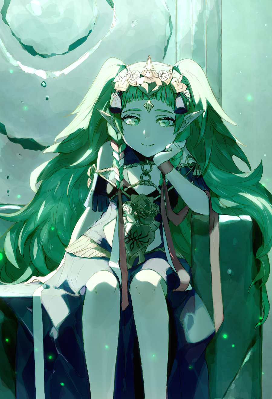 1girl 9750isz cheek_rest fire_emblem fire_emblem:_three_houses green_eyes green_hair highres long_hair pointy_ears sitting smile sothis_(fire_emblem) throne very_long_hair