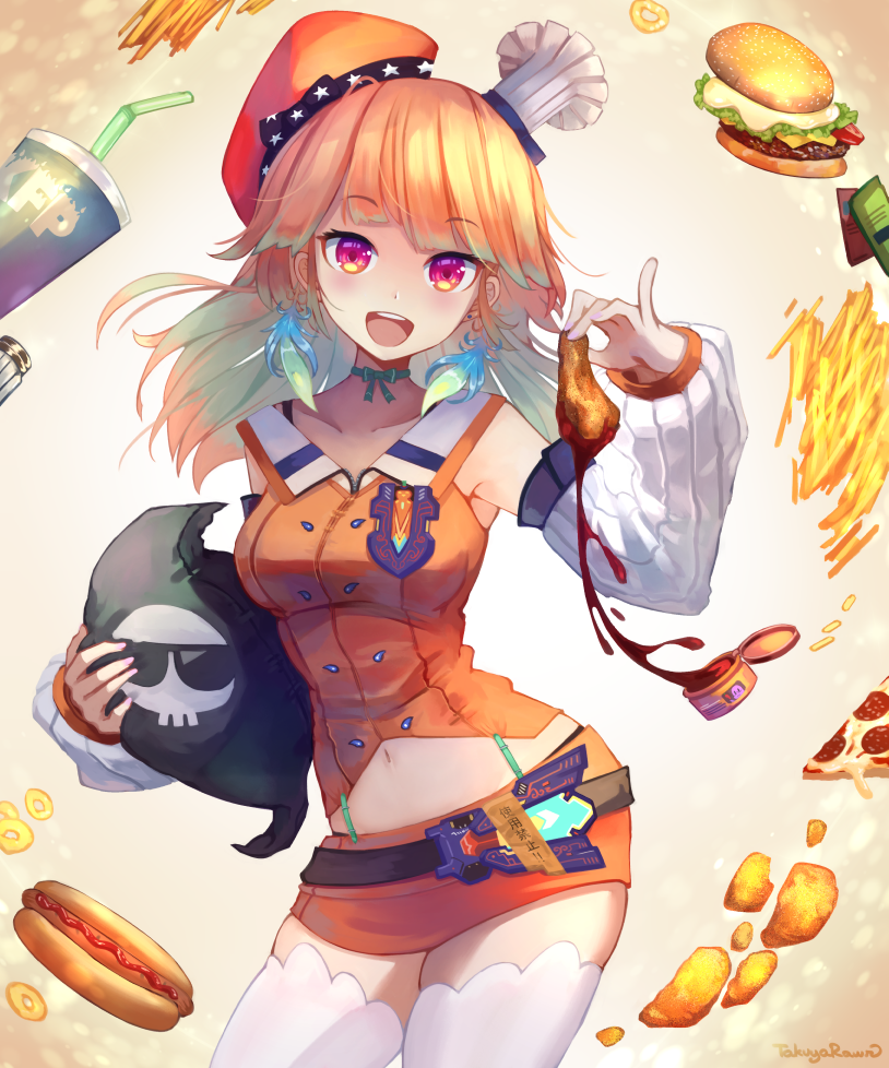 1girl :d artist_name bangs beret breasts collarbone commentary cowboy_shot death-sensei_(mori_calliope) detached_sleeves earrings english_commentary eyebrows_visible_through_hair food fried_chicken gradient_hair hamburger hat hololive hololive_english hot_dog jewelry kfp long_hair looking_at_viewer making-of_available medium_breasts multicolored_hair navel open_mouth orange_hair pink_eyes pizza_slice simple_background smile solo takanashi_kiara takuyarawr thigh-highs virtual_youtuber white_legwear