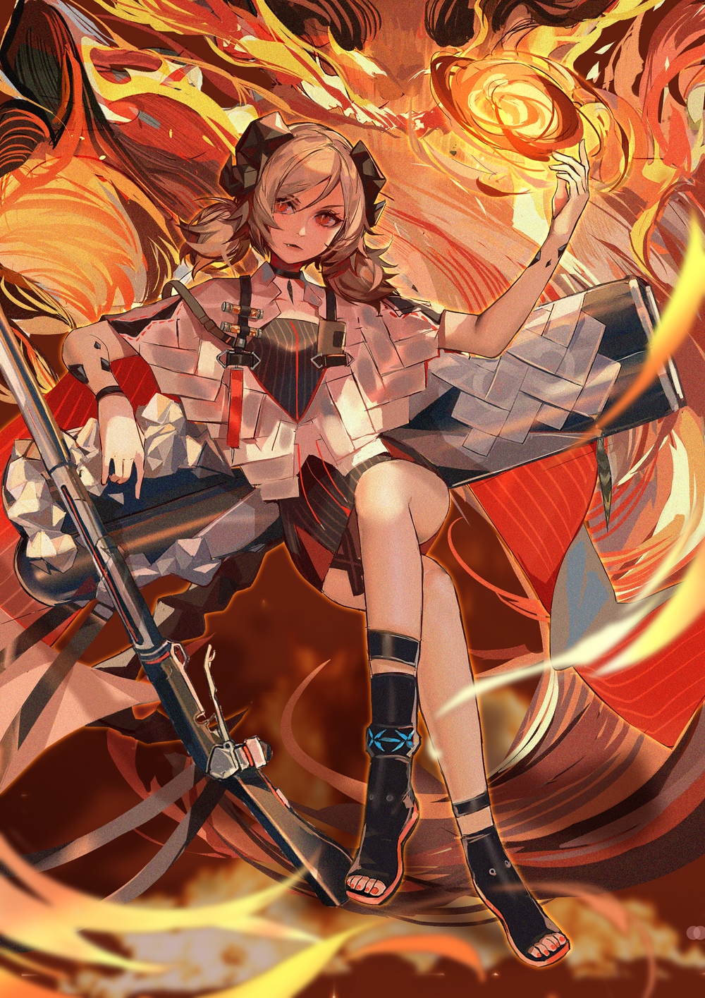 1girl arknights black_choker black_dress black_footwear blonde_hair breasts canister chinese_clothes choker cloak crossed_legs demon_horns dress eyelashes fang feather_choker feathers fire flamethrower floating full_body hair_between_eyes highres horns ifrit_(arknights) infection_monitor_(arknights) looking_to_the_side medium_hair off-shoulder_dress off_shoulder oripathy_lesion_(arknights) parted_lips red_eyes sandals short_dress slit_pupils small_breasts solo strap toenail_polish twintails weapon white_cloak yan_ge