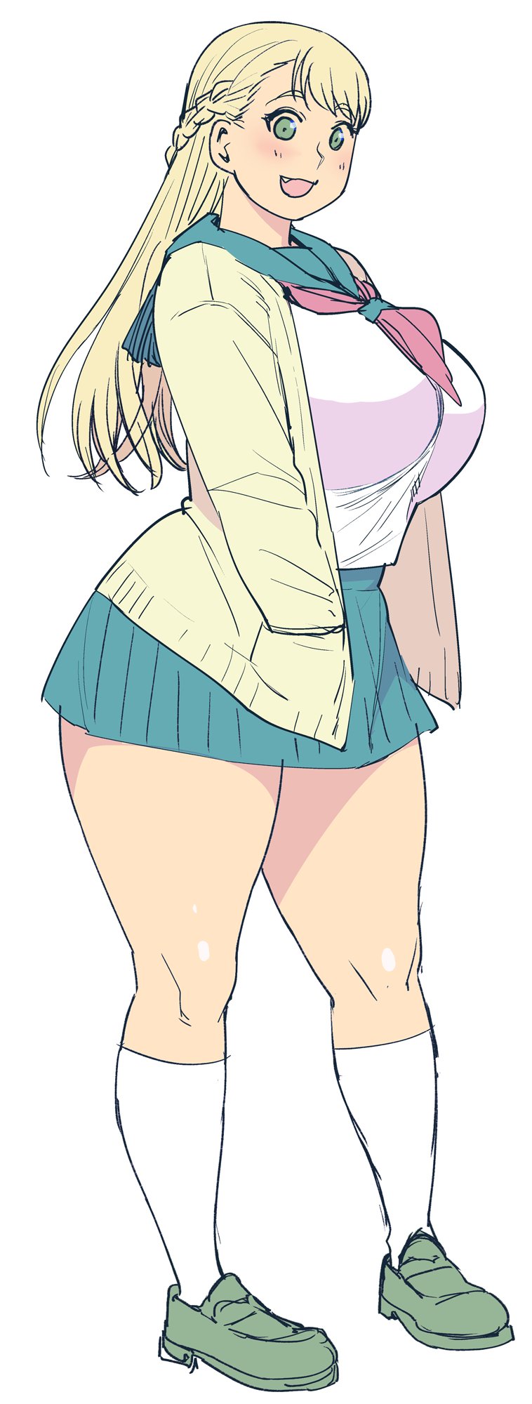 1girl blonde_hair breasts commentary_request elf-san_wa_yaserarenai. erufuda-san fang green_eyes highres huge_breasts long_hair looking_at_viewer school_uniform serafuku shoes skirt smile socks solo synecdoche thick_thighs thighs white_legwear