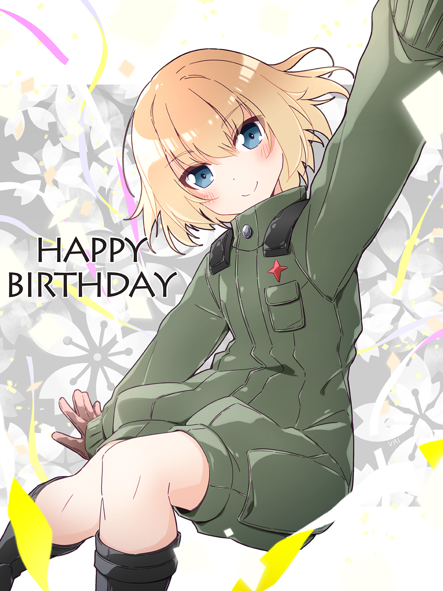 1girl bangs black_footwear black_gloves blonde_hair blue_eyes bob_cut boots closed_mouth commentary english_text eyebrows_visible_through_hair floating floral_background girls_und_panzer gloves green_jumpsuit happy_birthday highres insignia jumpsuit katyusha_(girls_und_panzer) long_sleeves looking_at_viewer military military_uniform outstretched_arms pravda_military_uniform short_hair short_jumpsuit smile solo spread_arms streamers uniform vri_(tinder_box)