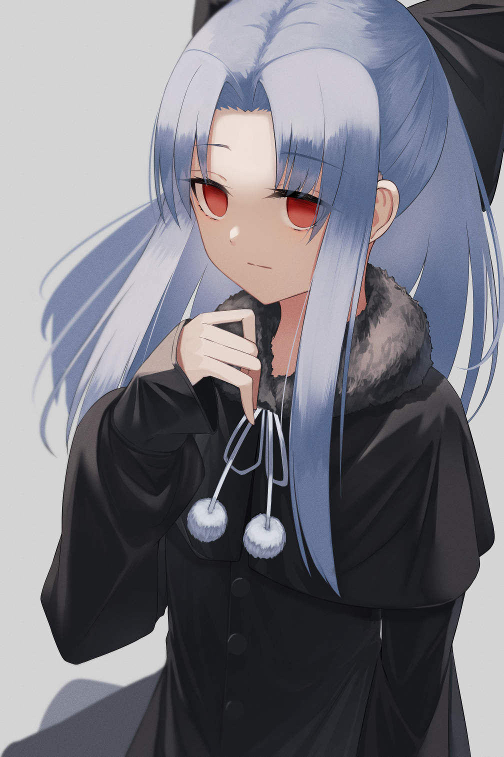 1girl bangs black_bow black_capelet blue_hair bow capelet closed_mouth commentary_request empty_eyes expressionless eyebrows_visible_through_hair fur_collar hair_bow hand_on_own_chest highres len_(tsukihime) long_hair long_sleeves looking_at_viewer parted_bangs pom_pom_(clothes) ponytail red_eyes ribbon sidelocks sleeves_past_wrists solo tsukihime upper_body white_ribbon yamada_maya_(yamdmay)