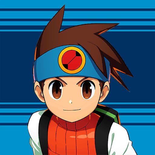 &gt;:) 1boy backpack bag blue_background brown_eyes brown_hair headband hikari_netto male_focus mizuno_keisuke official_art rockman rockman_exe rockman_x_dive short_hair smile solo spiky_hair third-party_source vest