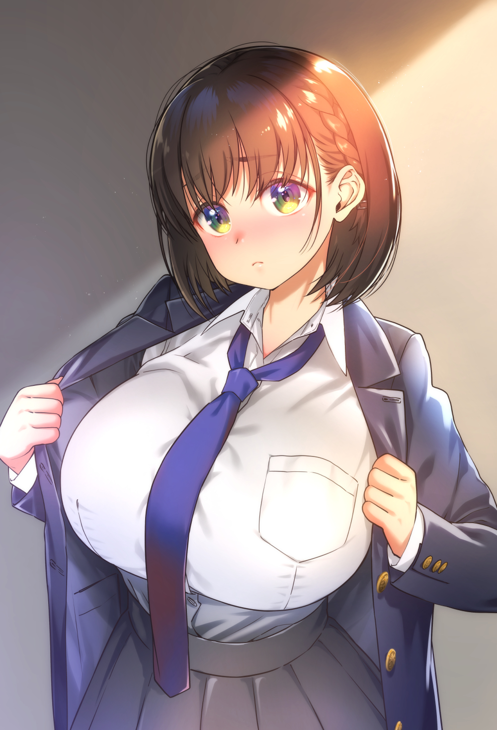 1girl ai-chan_(tawawa) bangs black_jacket black_skirt blazer blue_neckwear blush braid breast_pocket breasts brown_hair closed_mouth collared_shirt cowboy_shot eyebrows_visible_through_hair frown getsuyoubi_no_tawawa gradient_eyes green_eyes highres jacket large_breasts long_sleeves looking_at_viewer multicolored multicolored_eyes nanase_meruchi necktie open_clothes open_jacket pleated_skirt pocket shirt short_hair skirt solo undressing violet_eyes