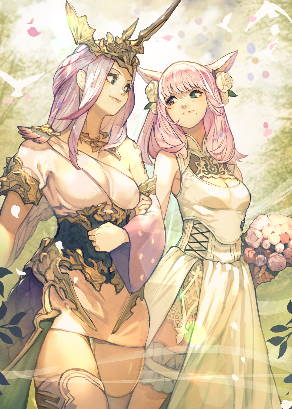 2girls animal_ears asymmetrical_clothes bangs bird blue_eyes boots bouquet cat_ears cleavage_cutout clothing_cutout detached_sleeves dress final_fantasy final_fantasy_xiv flower hair_flower hair_ornament headgear hide_(hideout) highres holding_another's_arm hyur leg_garter long_hair looking_at_another miqo'te mole mole_under_mouth multiple_girls petals pink_hair side_slit single_detached_sleeve sleeveless smile summoner_(final_fantasy) tail thigh-highs thigh_boots wedding white_dress yuri