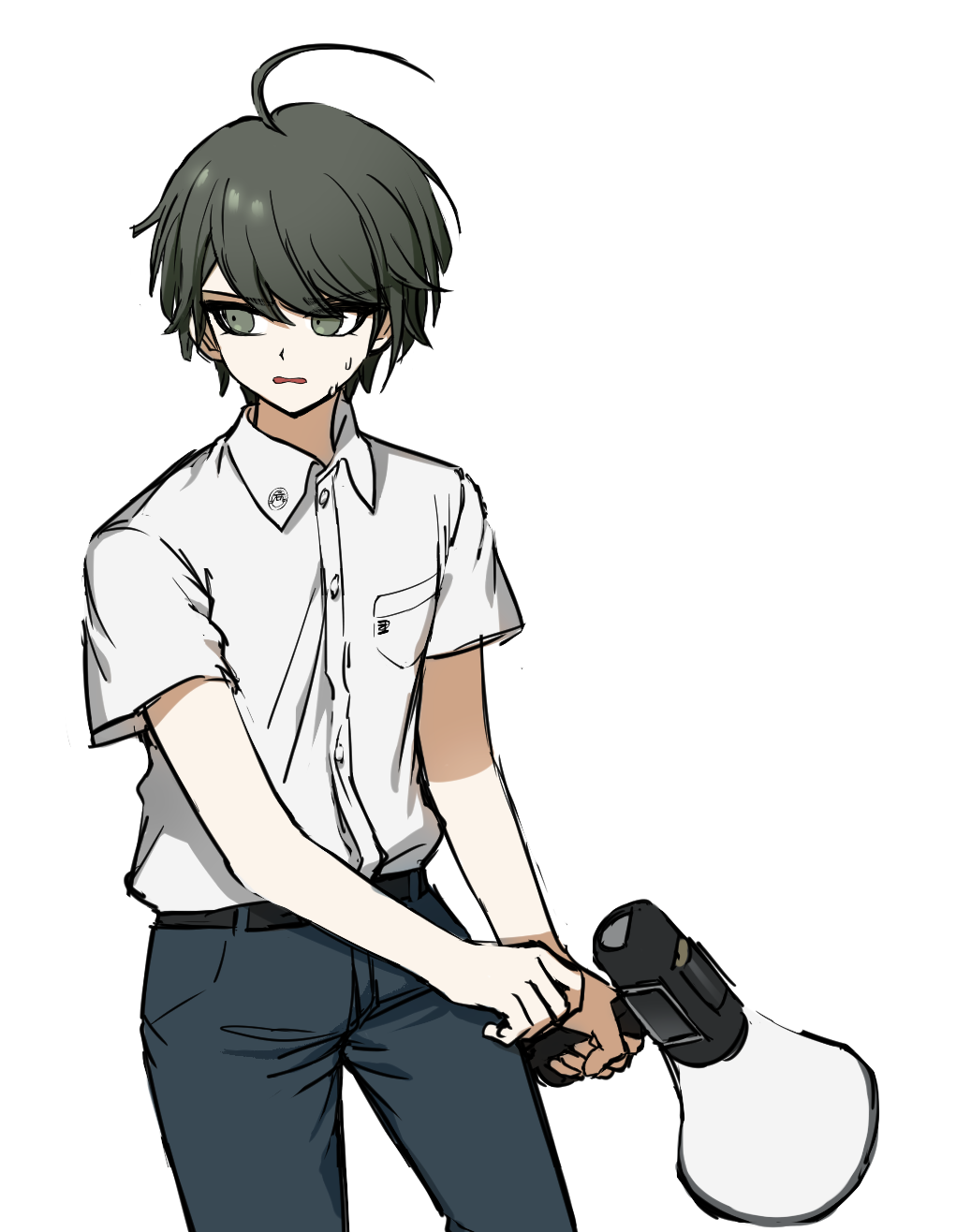 1boy ahoge bangs belt black_belt breast_pocket brown_hair collared_shirt contrapposto cowboy_shot dangan_ronpa_(series) dangan_ronpa_another_episode:_ultra_despair_girls dress_shirt genderswap genderswap_(ftm) green_eyes highres holding holding_megaphone male_focus megaphone naegi_komaru no_(xpxz7347) open_mouth pants pocket shirt shirt_tucked_in short_hair simple_background solo sweat white_background