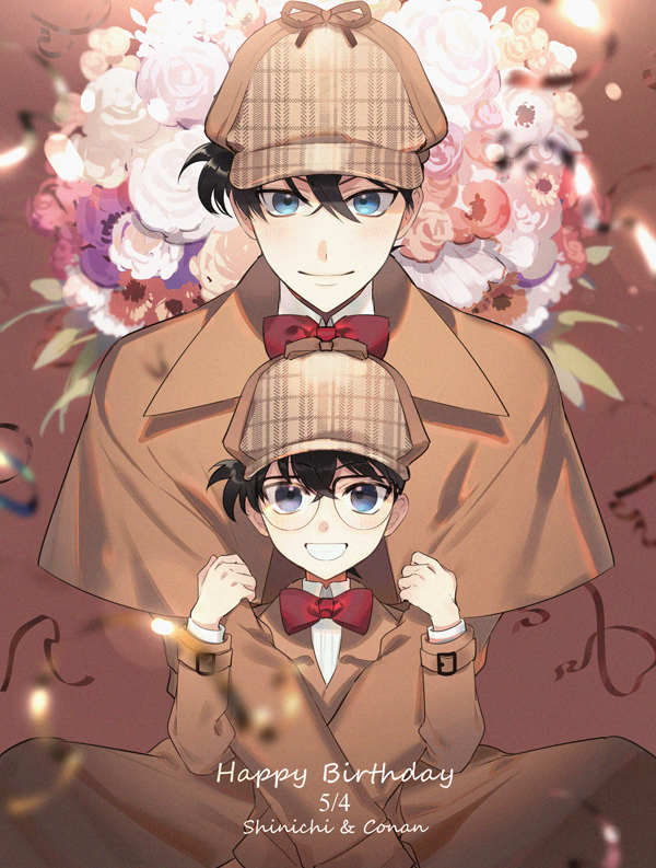 2boys alternate_costume bangs black-framed_eyewear blue_eyes blush bow bowtie brown_background brown_coat brown_hair brown_headwear character_name child closed_mouth coat collared_shirt commentary_request dated deerstalker dual_persona edogawa_conan english_text eyebrows_visible_through_hair floral_background flower glasses grin hair_between_eyes hands_up happy_birthday hat kanamura_ren kudou_shin'ichi lens_flare long_sleeves looking_at_viewer male_focus meitantei_conan multiple_boys red_bow red_neckwear shirt short_hair sitting smile white_shirt
