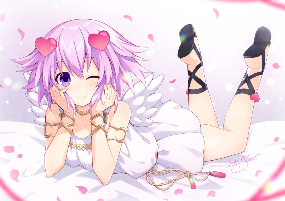 1girl angel_wings arm_support armlet binato_lulu blush commentary_request dress eyebrows_visible_through_hair hair_between_eyes hair_ornament head_rest heart heart_hair_ornament legs_up looking_at_viewer lying neptune_(neptune_series) neptune_(series) on_stomach one_eye_closed petals purple_hair short_hair signature sleeveless sleeveless_dress smile solo violet_eyes white_dress wings