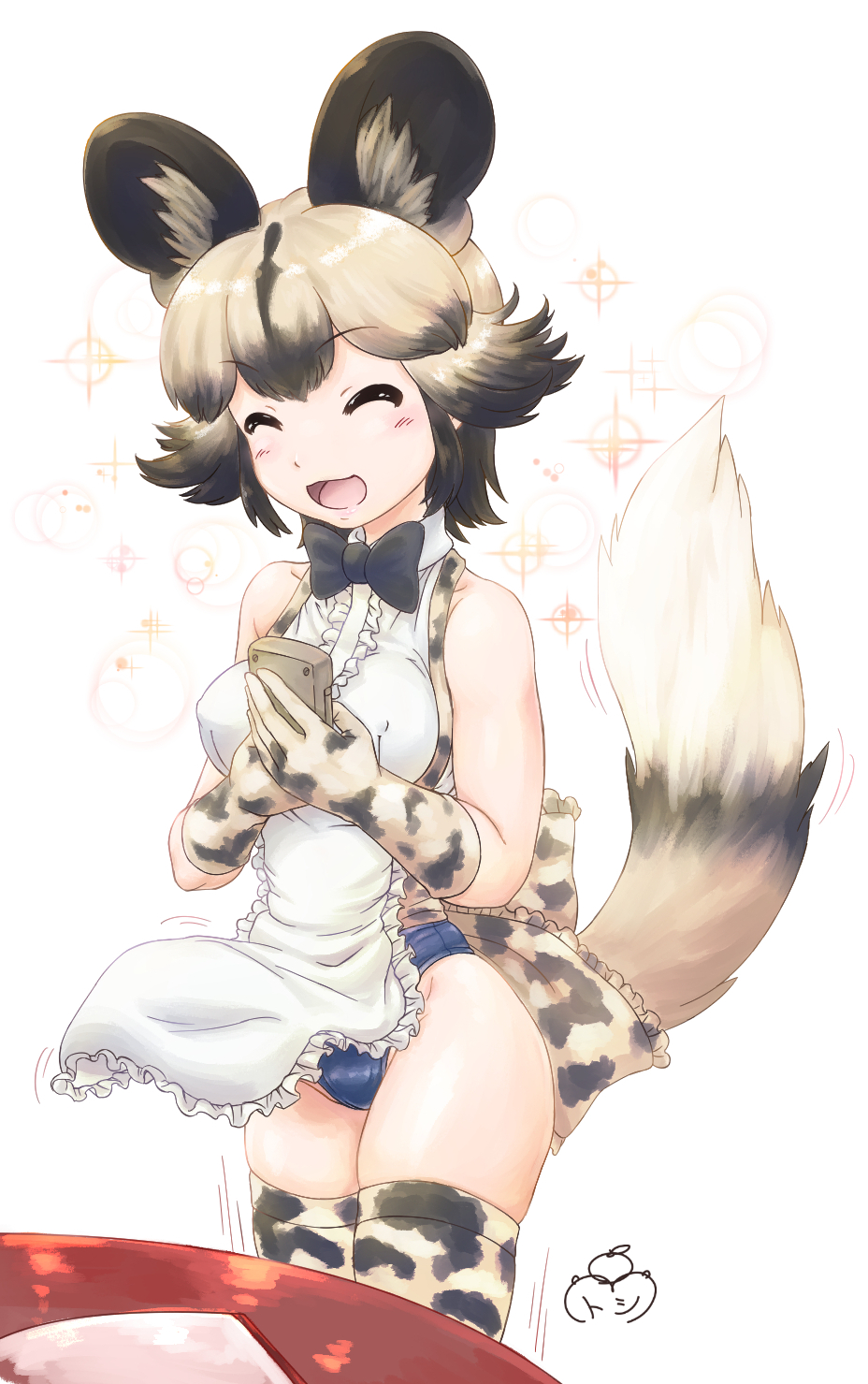 1girl ^_^ african_wild_dog_(kemono_friends) african_wild_dog_print alternate_costume animal_ear_fluff animal_ears animal_print apron back_bow bangs bare_shoulders black_hair bow bowtie buruma center_frills closed_eyes dog_ears dog_girl dog_tail extra_ears eyebrows_visible_through_hair facing_viewer frilled_apron frills gloves grey_hair groin highres kemono_friends mikan_toshi multicolored_hair open_mouth print_gloves print_legwear print_shirt shirt short_hair sidelocks sleeveless sleeveless_shirt smile solo tail thigh-highs waitress white_apron