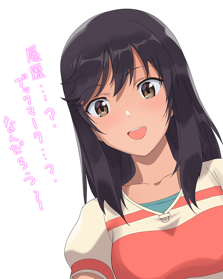 1girl a1 black_hair blouse brown_eyes collarbone commentary_request ichijou_hotaru looking_at_viewer medium_hair non_non_biyori open_mouth simple_background smile solo striped_blouse translation_request upper_body upper_teeth white_background
