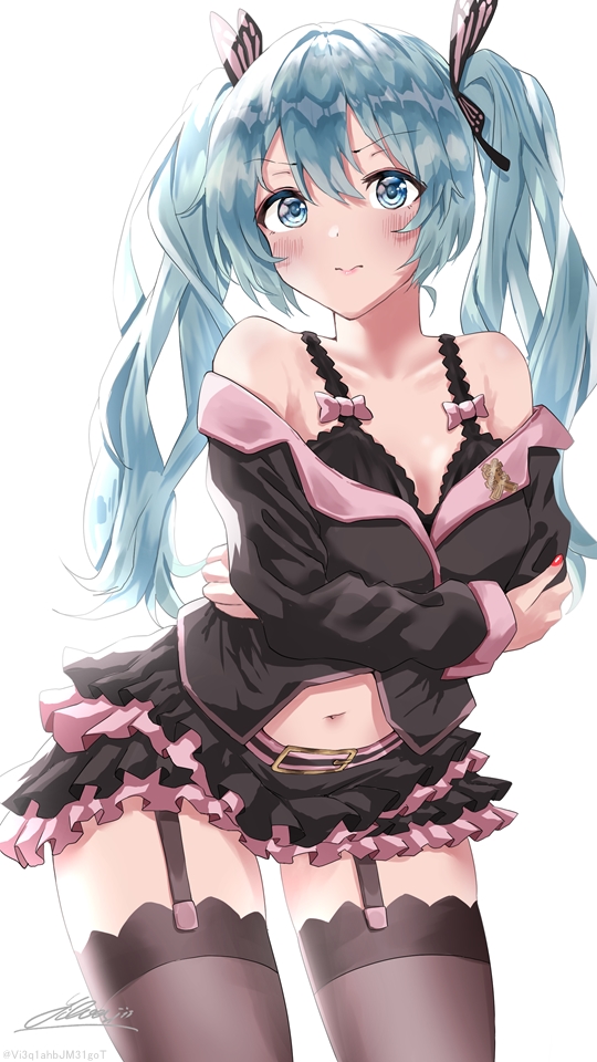 1girl aqua_eyes aqua_hair bare_shoulders black_bra black_legwear black_shirt black_skirt blush bra butterfly_hair_ornament commentary contrapposto cowboy_shot crossed_arms frilled_skirt frills garter_straps garters hair_ornament hatsune_miku honey_whip_(module) lace_trim layered_skirt long_hair looking_at_viewer miniskirt nail_polish navel off-shoulder_shirt off_shoulder project_diva_(series) red_nails shirt shirubaa sidelighting signature skindentation skirt solo twintails underwear vocaloid white_background