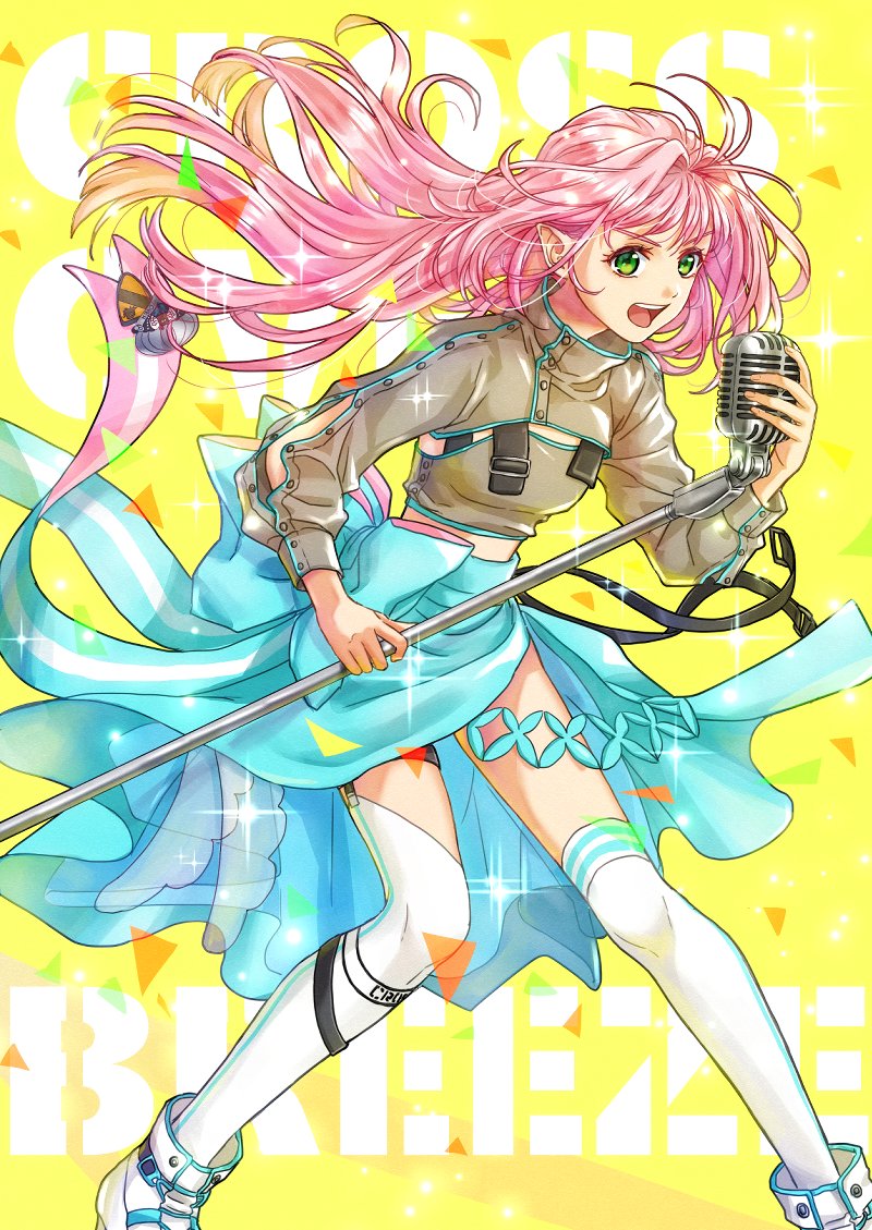 1girl :d akira_ituki blue_bow blue_skirt bow floating_hair garter_straps green_eyes holding holding_microphone_stand long_hair long_sleeves macross macross_7 microphone_stand mylene_jenius open_mouth pink_hair shiny shiny_hair skirt smile solo standing thigh-highs thigh_strap very_long_hair white_legwear yellow_background