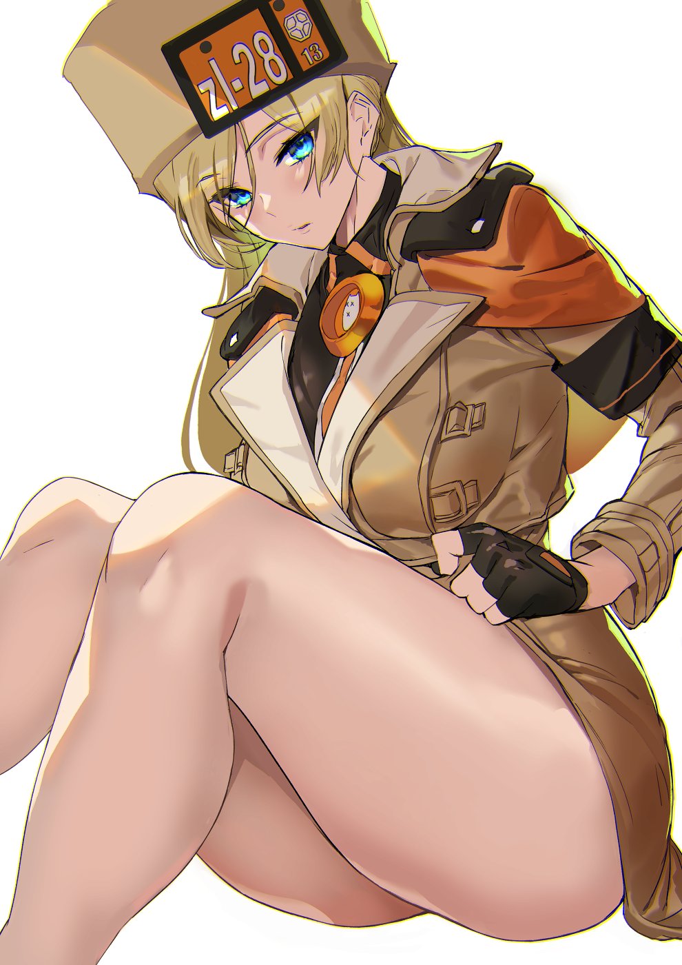 1girl ashiomi_masato black_gloves black_shirt blonde_hair blue_eyes coat collared_shirt commentary_request fingerless_gloves fur_hat gloves guilty_gear guilty_gear_strive hat highres long_hair millia_rage shirt sitting thick_thighs thighs ushanka yellow_coat