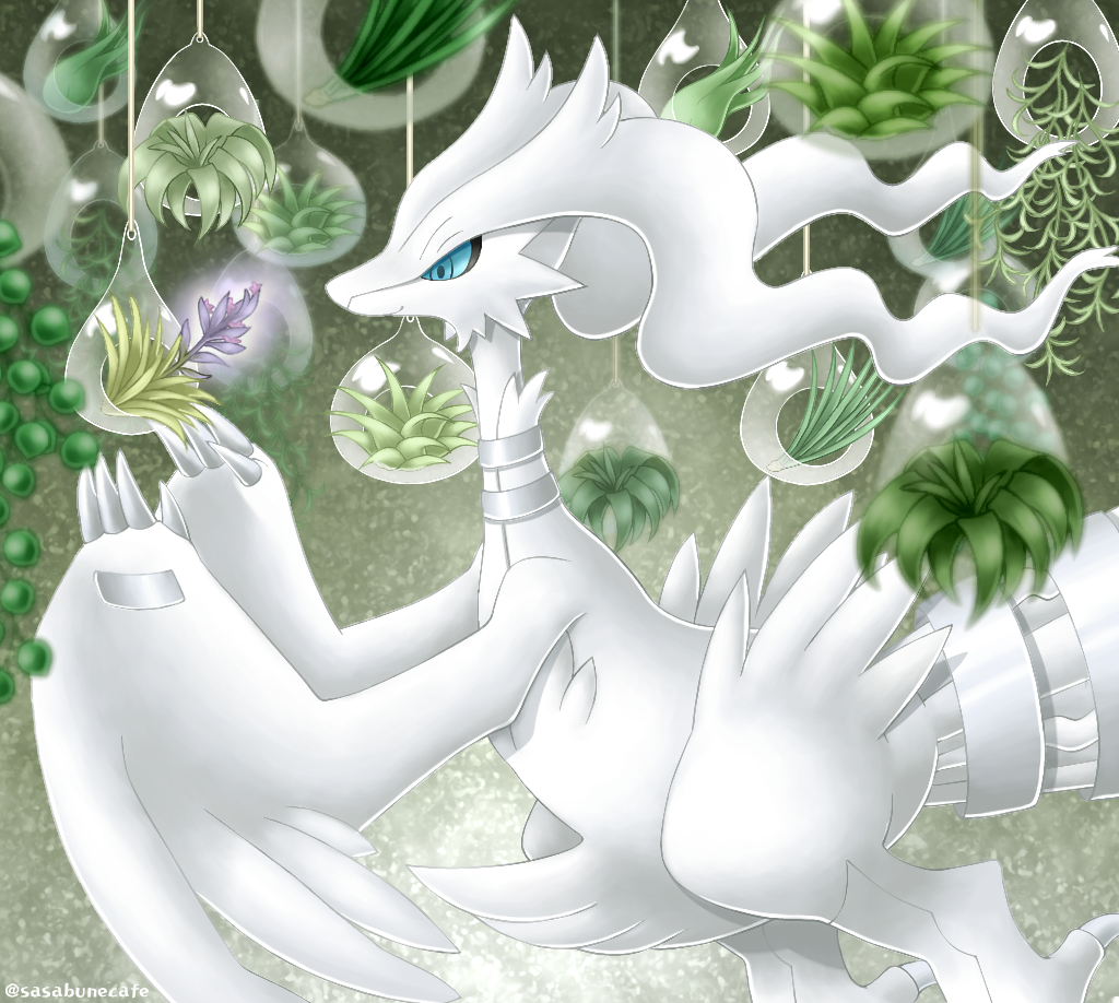 blue_eyes claws closed_mouth commentary_request gen_5_pokemon legendary_pokemon no_humans plant pokemon pokemon_(creature) reshiram sasabunecafe smile solo white_fur