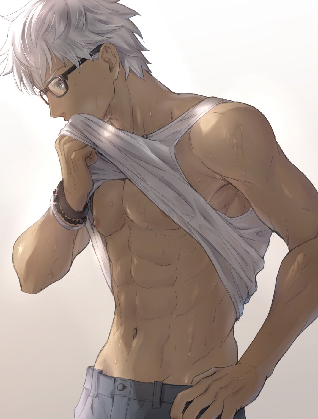 1boy abs archer bracelet commentary_request covering_mouth dark_skin dark_skinned_male denim fate/stay_night fate_(series) from_side glasses gradient gradient_background grey_background grey_hair hand_up highres jeans jewelry male_focus mondi_hl navel pants shirt_lift short_hair tank_top white_tank_top