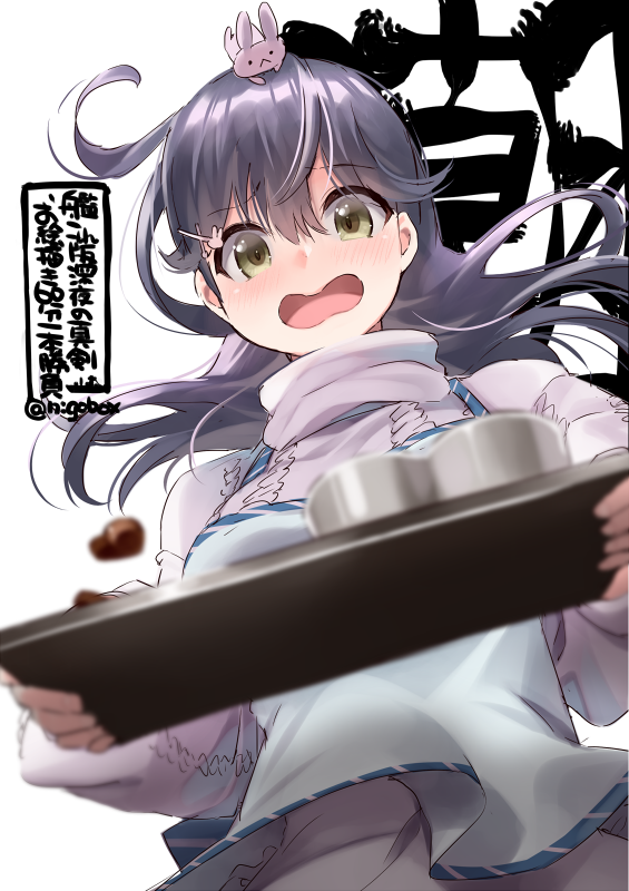 1girl ahoge black_hair blush brown_eyes character_name chocolate eyebrows_visible_through_hair hair_between_eyes holding holding_tray kantai_collection long_hair long_sleeves nigo open_mouth purple_sweater simple_background solo sweater tray twitter_username upper_body ushio_(kancolle) white_background